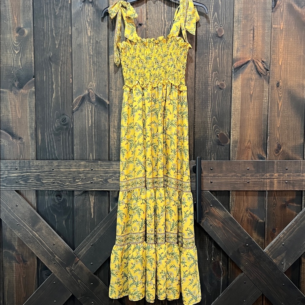 Boho Yellow Floral Tiered Maxi Dress M Smocked Flowy Romantic Euro Summer Chic - Picture 2 of 14